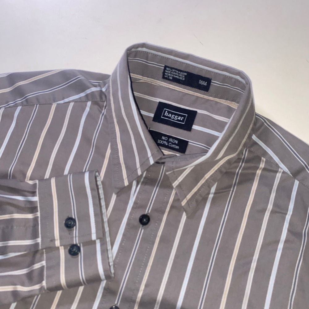 Haggar Mens Gray Striped No Iron 100% Cotton Long Sleeve Button Down Shirt M